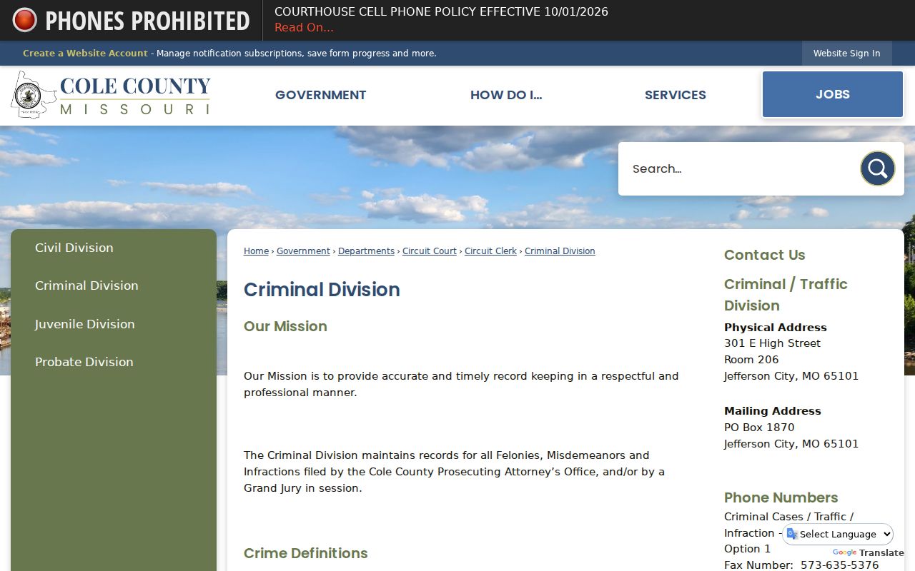 Cole County Criminal Division page with Case.net and traffic filing instructions