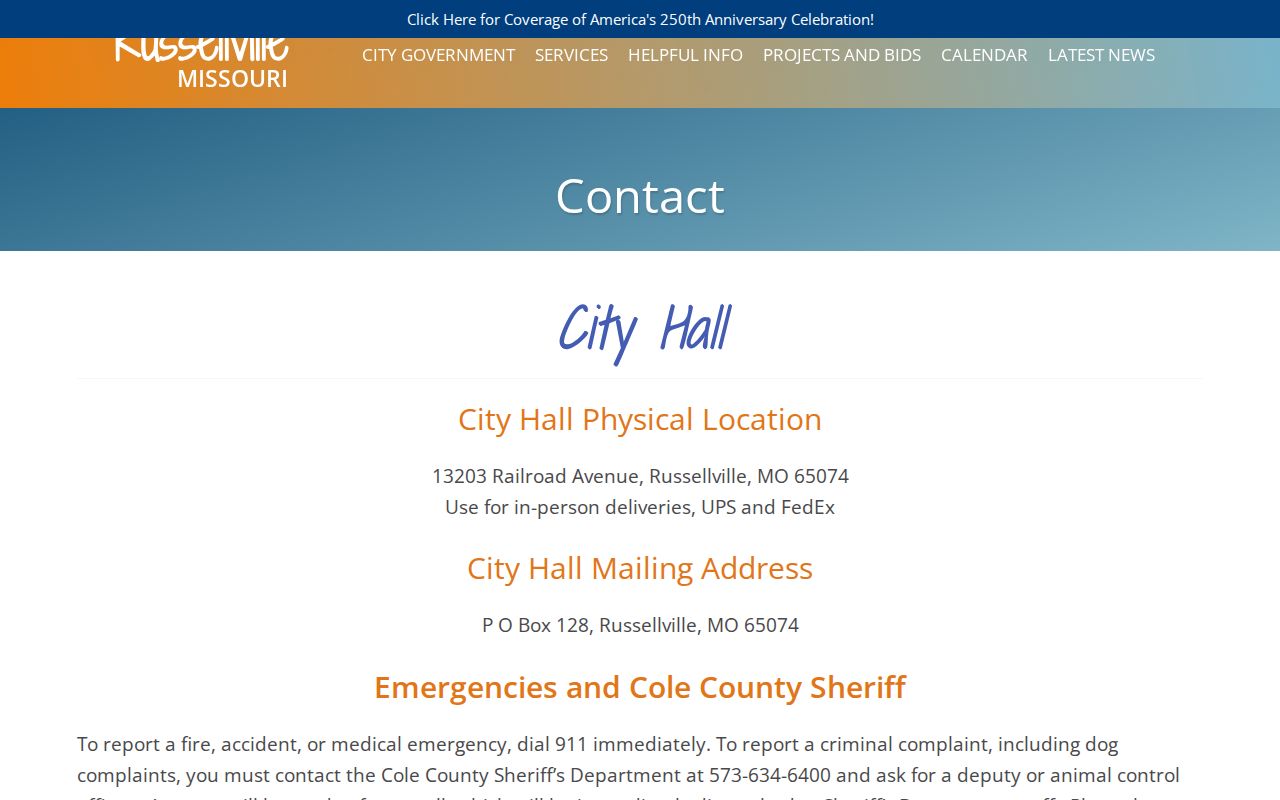 Russellville City Hall and Sheriff routing contact page