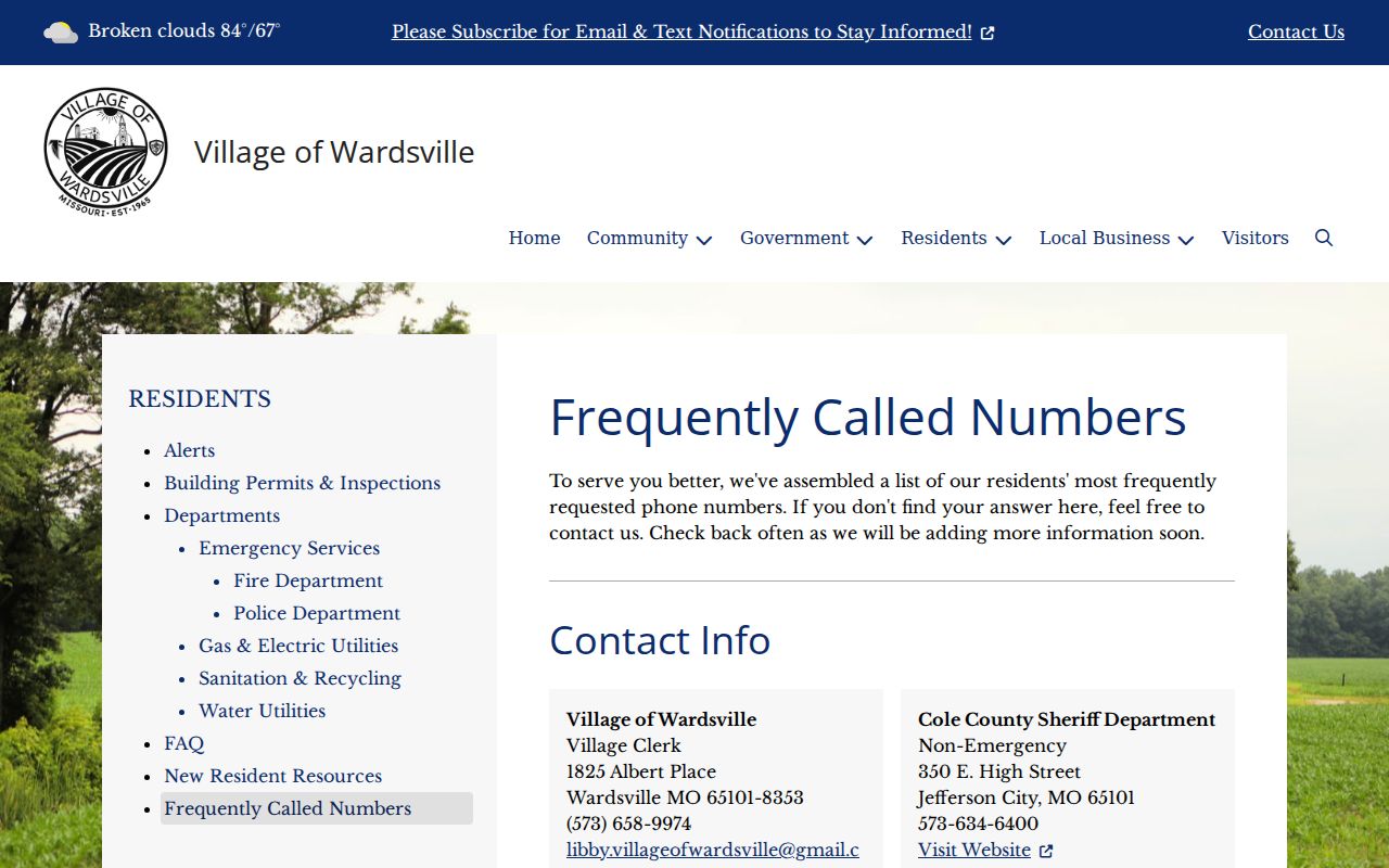 Wardsville Village Clerk and Cole County Sheriff contact block