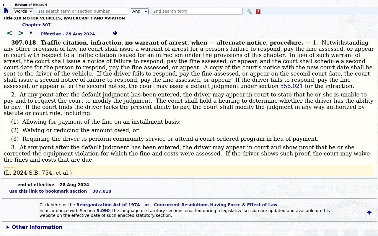 Missouri statute page for specified traffic-infraction warrant limits