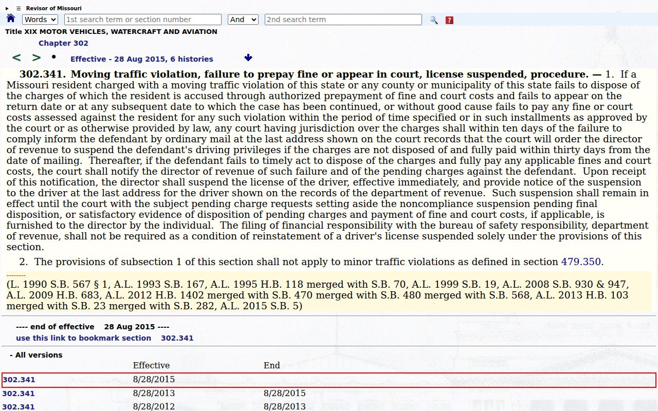 Missouri traffic noncompliance and license-hold statute