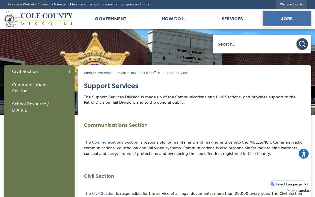 Cole County Support Services description of Communications warrant maintenance